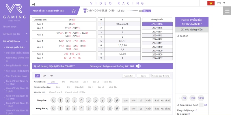 Giao diện đặt cược Xổ số miền bắc thứ tư hàng tuần